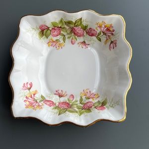 Rosina bone china snack dish, honeysuckle & thistle, gold accents, like new.